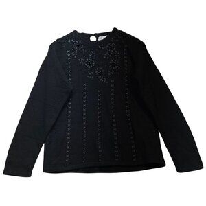 Lisa International Womens Lambswool Beaded Pullover Sweater Knit Size L Black